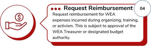 Request Reimbursement for WEA expenses incurred during organizing, training, or activism.  This is subject to approval of the WEA Treasurer or designated budget authority.